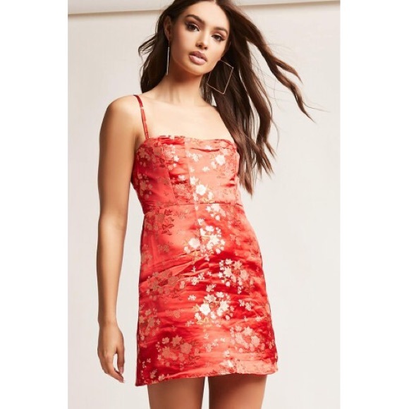 red floral satin dress